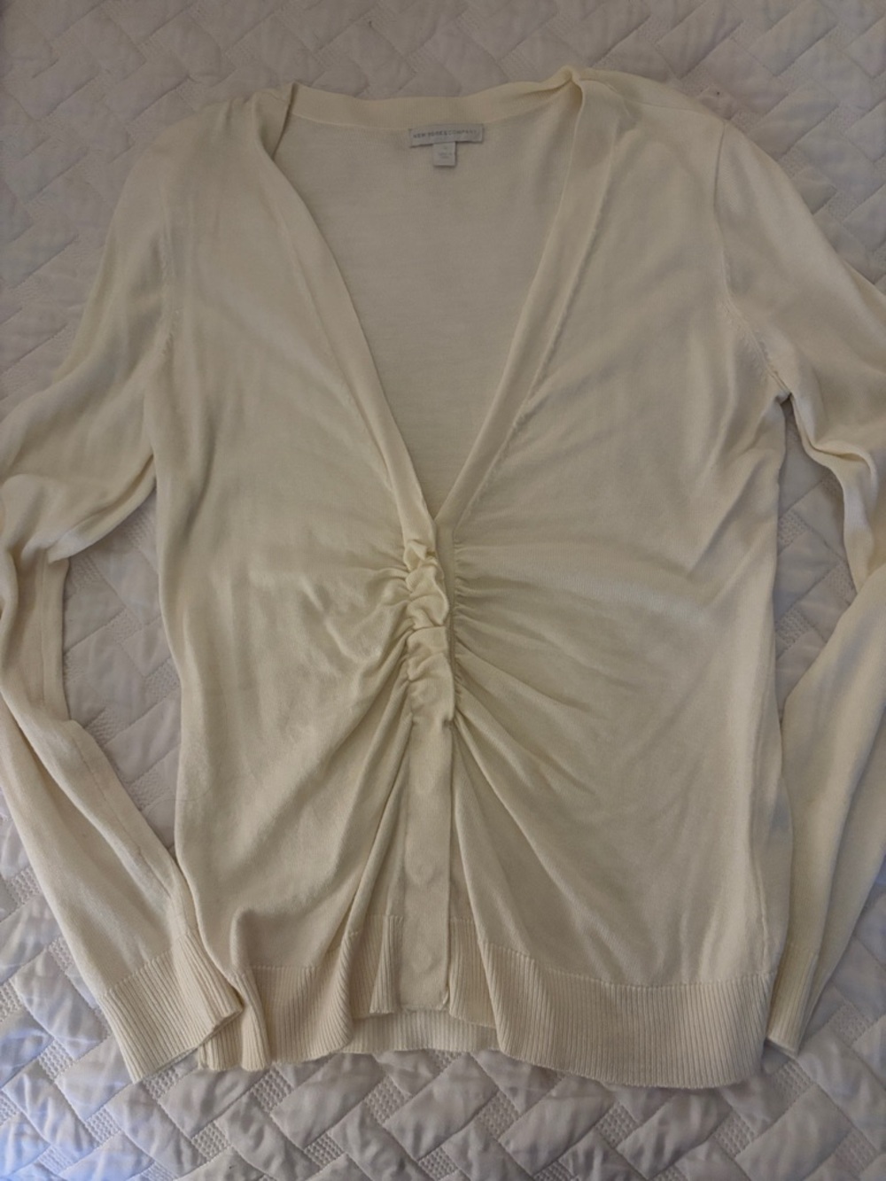 New York & Company Cream Ruched Front Lightweight Cardigan
